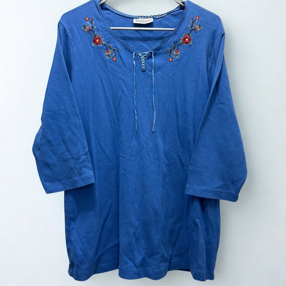Vintage Basic Editions Women Blue Embroidered Lace‎ Up Neck Casual Top Plus Size
